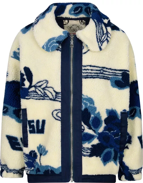 Tonal Floral Jacquard Drop-shoulder Zipped Sherpa Jacket