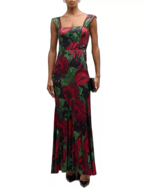 Arza Floral-Print Godet-Pleated Maxi Dres