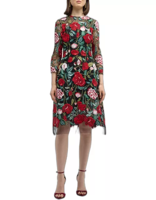 3/4-Sleeve Floral-Embroidered Midi Dres