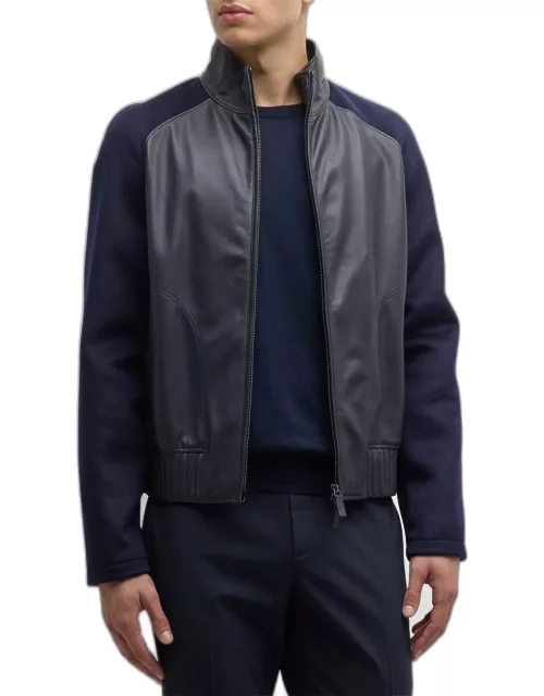 Men's Leather Bomber Jacket with Knit Sleeve
