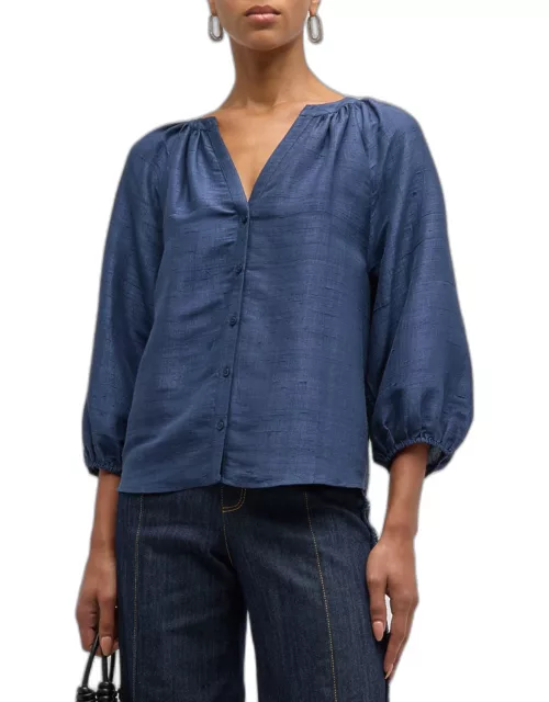 Mitte Ruched Blouson-Sleeve Silk Top