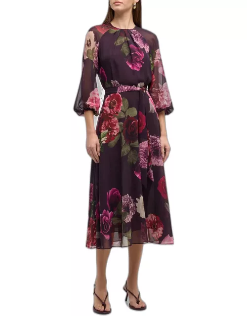 Belted Floral-Print Blouson-Sleeve Midi Dres