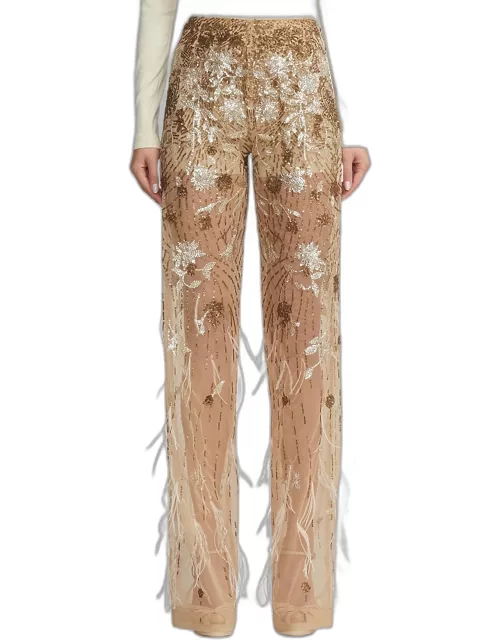 High-Rise Feather Embellished Sheer Straight-Leg Pant