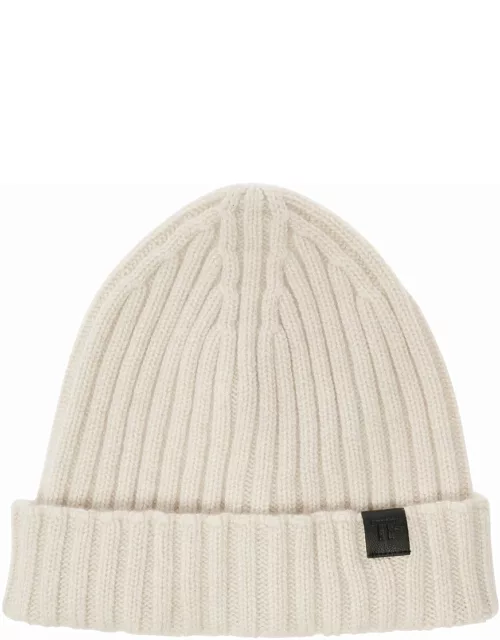 Tom Ford White Ribbed Beanie With Logo Patch In Cashmere Man
