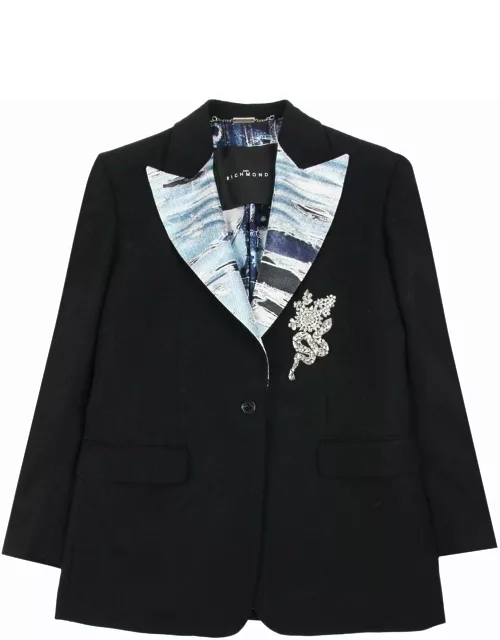 John Richmond Blazer In 100% Virgin Wool With Contrasting Collar And Decorative Application.