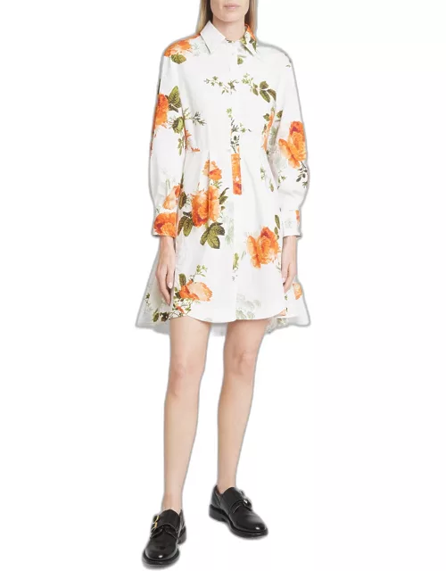 Floral-Print Pleated-Back Long-Sleeve Mini Shirtdres