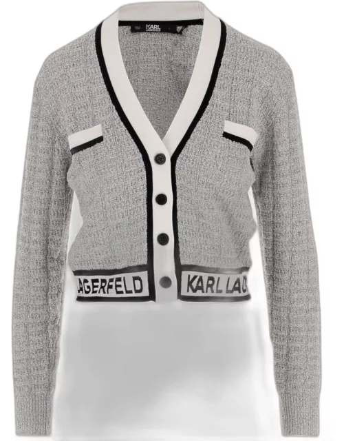Karl Lagerfeld Cropped Cardigan In Bouclé Fabric With Logo