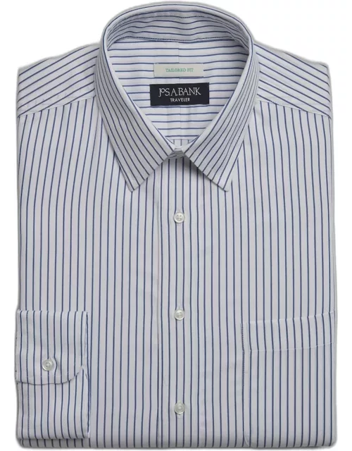 JoS. A. Bank Big & Tall Men's Traveler Collection Tailored Fit Stripe Dress Shirt , Blue, 17 1/2 36