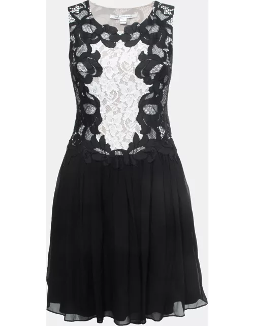 Diane Von Furstenberg Black/White Lace & Silk Sleeveless Mini Dress