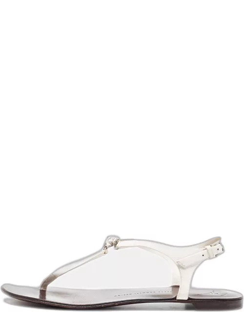 Giuseppe Zanotti White Leather Crystal Embellished Thong Flat Sandal
