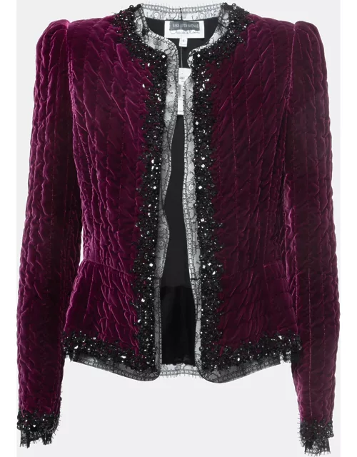 Oscar de la Renta Purple Embellished Velvet Lace Trimmed Open Front Jacket