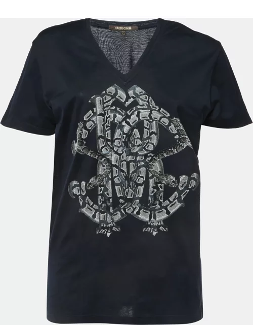 Roberto Cavalli Navy Blue Logo Print Cotton V-Neck Half Sleeve T-Shirt