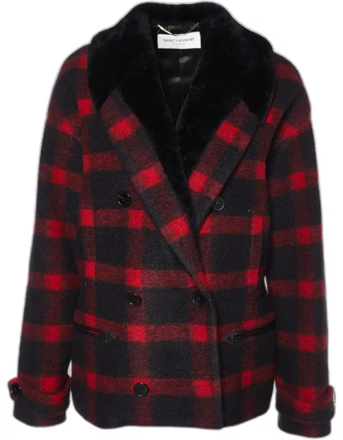 Saint Laurent Red & Black Wool Blend & Shearling Collar Double Breasted Blazer