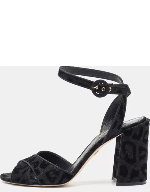 Dolce & Gabbana Black Leopard Print Glitter Fabric Ankle Strap Sandal