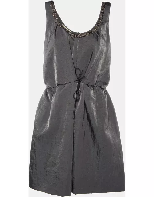 Marni Anthracite Grey Nylon Embellished Neck Mini Dress