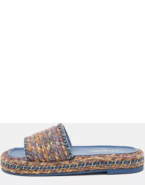 Chanel Multicolor Tweed and Leather Chain Detail Slides Sandal