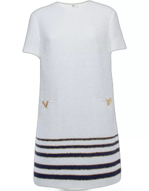 Valentino White/Blue Striped Patterned Tweed Shift Dress