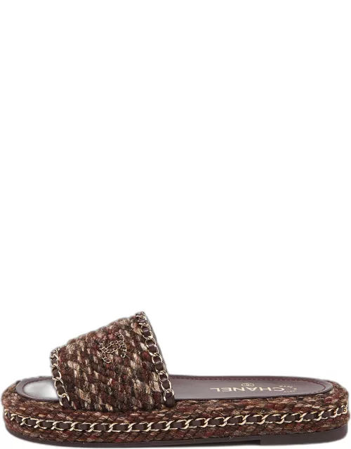 Chanel Burgundy Tweed and Leather Chain Detail Slide Sandal