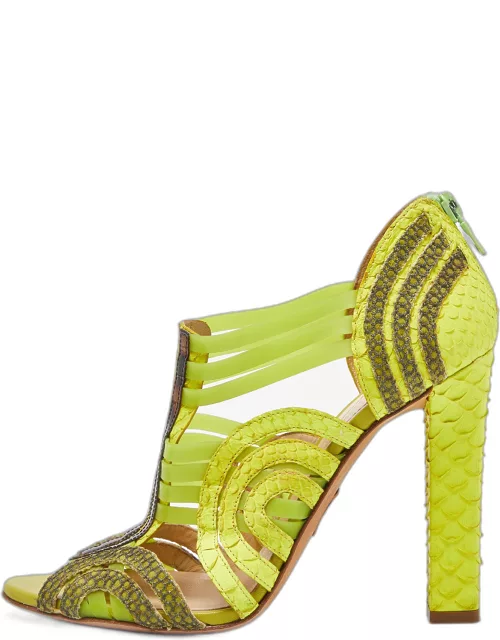 Roberto Cavalli Green Watersnake Leather and Jelly Cage Open Toe Sandal