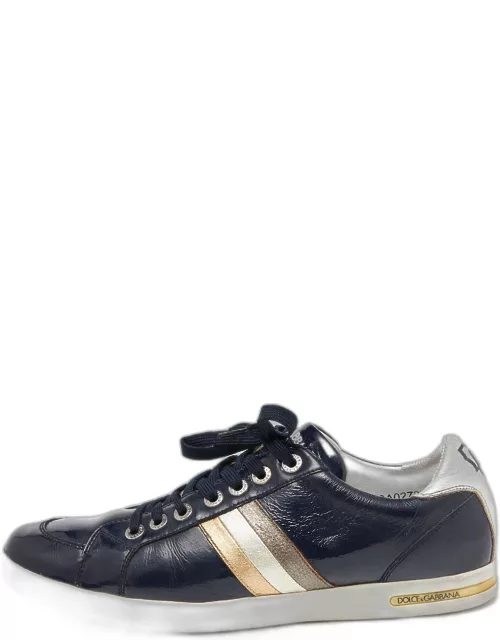 Dolce & Gabbana Navy Blue/Silver Patent Leather Low Top Sneaker