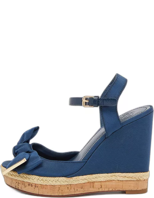 Tory Burch Blue Canvas and Leather Espadrille Wedge Ankle Strap Sandal