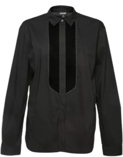 Just Cavalli Black Cotton Studded Velvet Trim Button Front Full Sleeve Shirt