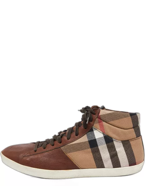 Burberry Brown/Beige Leather And Check Canvas High Top Sneaker