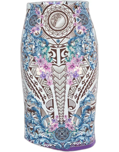 Versace Collection Blue Printed Knit Midi Fitted Skirt