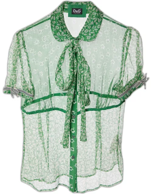 D & G Green Floral Printed Silk Neck Tie Detail Top