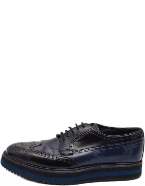 Prada Black/Navy Blue Patent Leather Brogue Oxford Sneaker