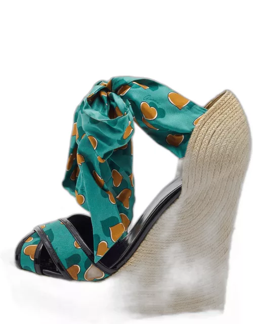 Gucci Multicolor Printed Fabric and Patent Espadrille Wedge Ankle Wrap Sandal