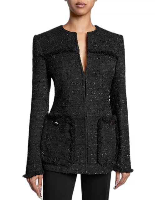 Britt Fringe-Trim Speckled Tweed Jacket