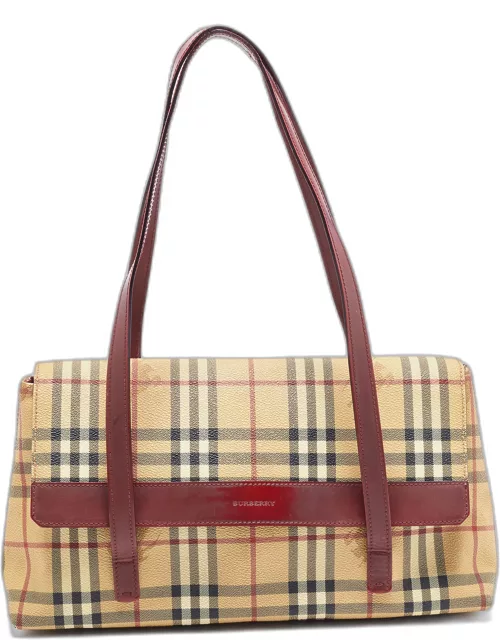 Burberry Beige/Burgundy Haymarket PVC and Leather Flap Tote