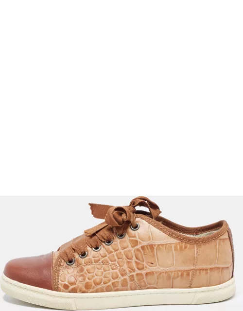 Lanvin Brown Croc Embossed Leather Lace Up Low Top Sneaker