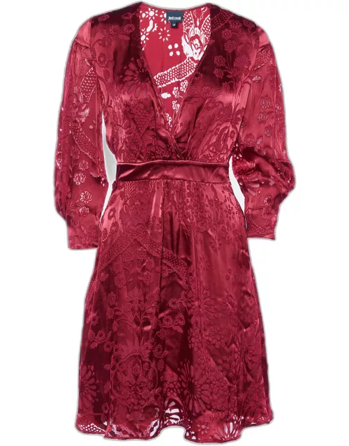 Just Cavalli Red Silk Devore Faux Wrap Mini Dress
