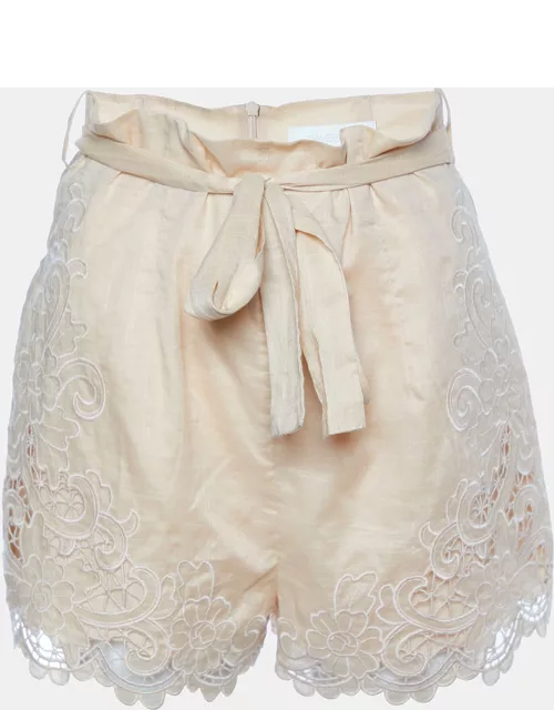 Zimmermann Cream Embroidered Cotton Belted Shorts