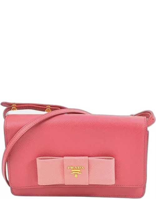 Prada Pink Leather Saffiano Lux Bow Wallet On Chain
