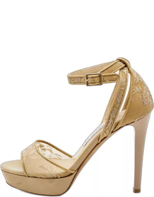 Jimmy Choo Beige Lace and Patent Kayden Ankle Strap Sandal