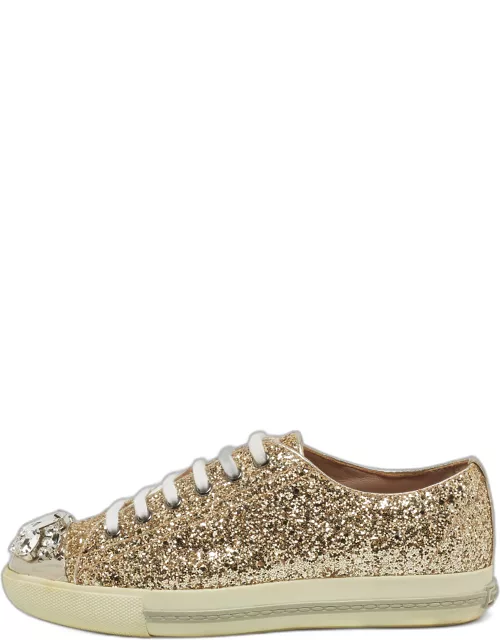Miu Miu Gold Coarse Glitter Crystal Embellished Metal Cap Toe Sneaker
