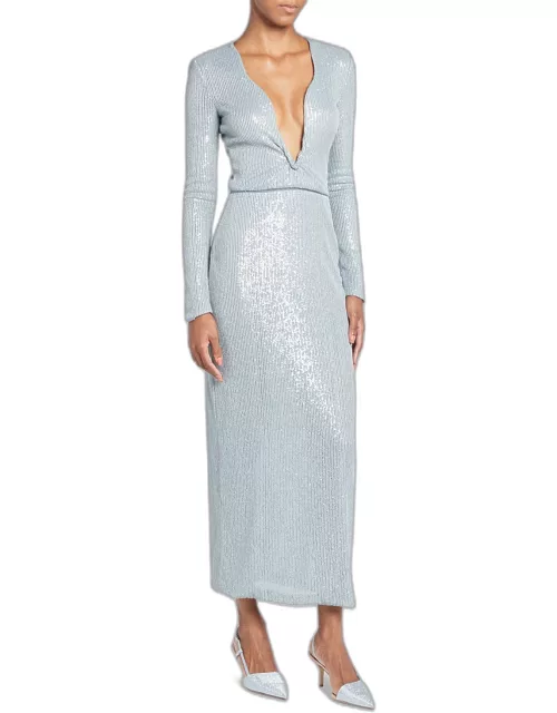 Plunging Sequined Knit Dres