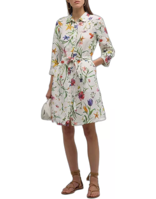Belted Floral-Print Linen Midi Shirtdres