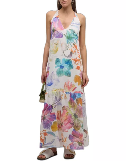 Sleeveless Floral-Print Linen Halter Maxi Dres