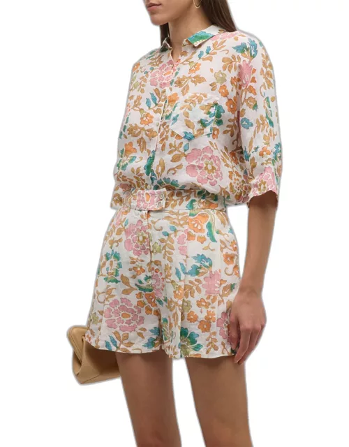 Floral-Print Button-Down Linen Shirt