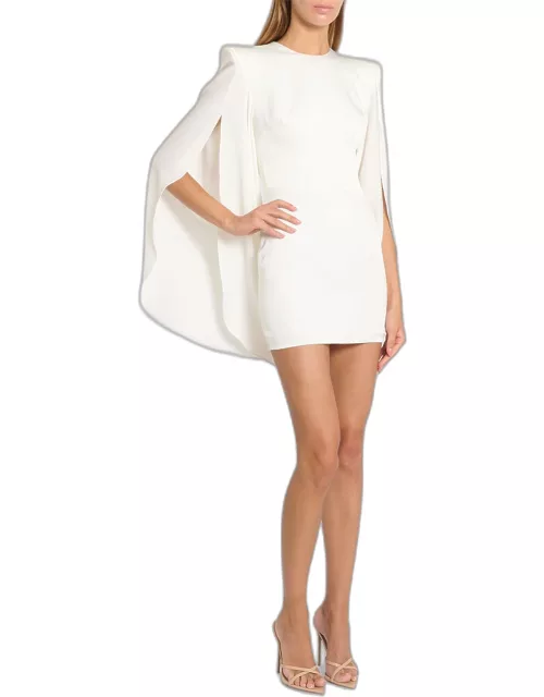 Cape-Sleeve Strong-Shoulder Satin Crepe Mini Dres