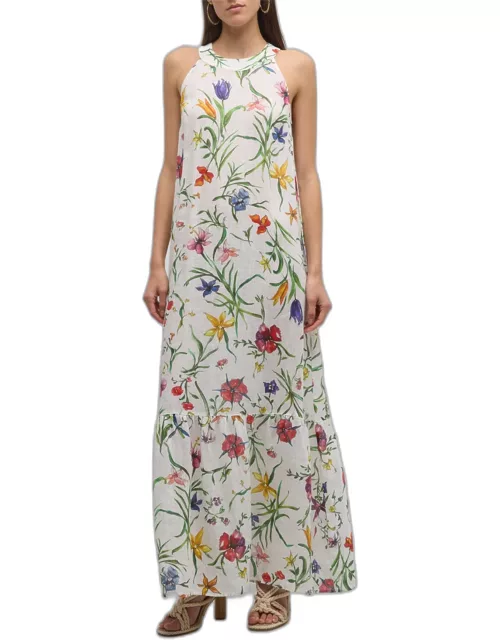 Floral-Print Linen Halter Maxi Dres