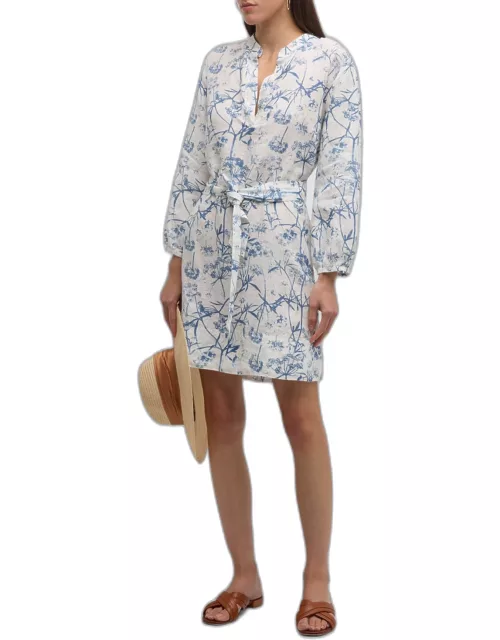Floral-Print Blouson-Sleeve Linen Mini Dres