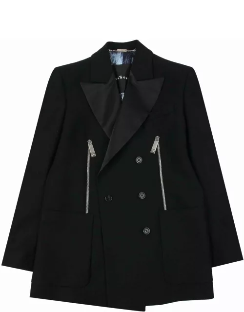 John Richmond Double-breasted Blazer In 100% Virgin Wool With Contrasting Collar And Side Zips.