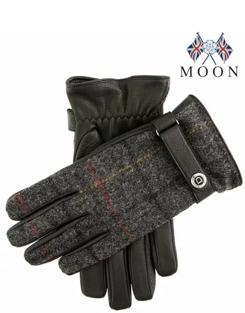 Dents Men's Cashmere Lined Abraham Moon Tweed & Deerskin Leather Gloves In Black/charcoal/black