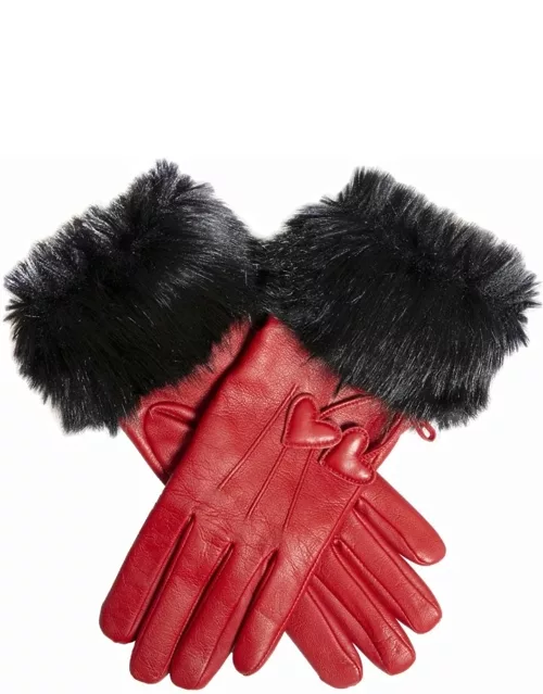 Dents Women's Wool Lined Leather Gloves With Hearts And Faux Fur Cuffs In Berry/black