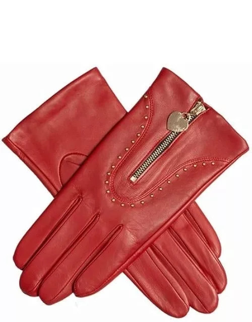 Dents Women's Studded Leather Gloves With Heart Pendant In Berry